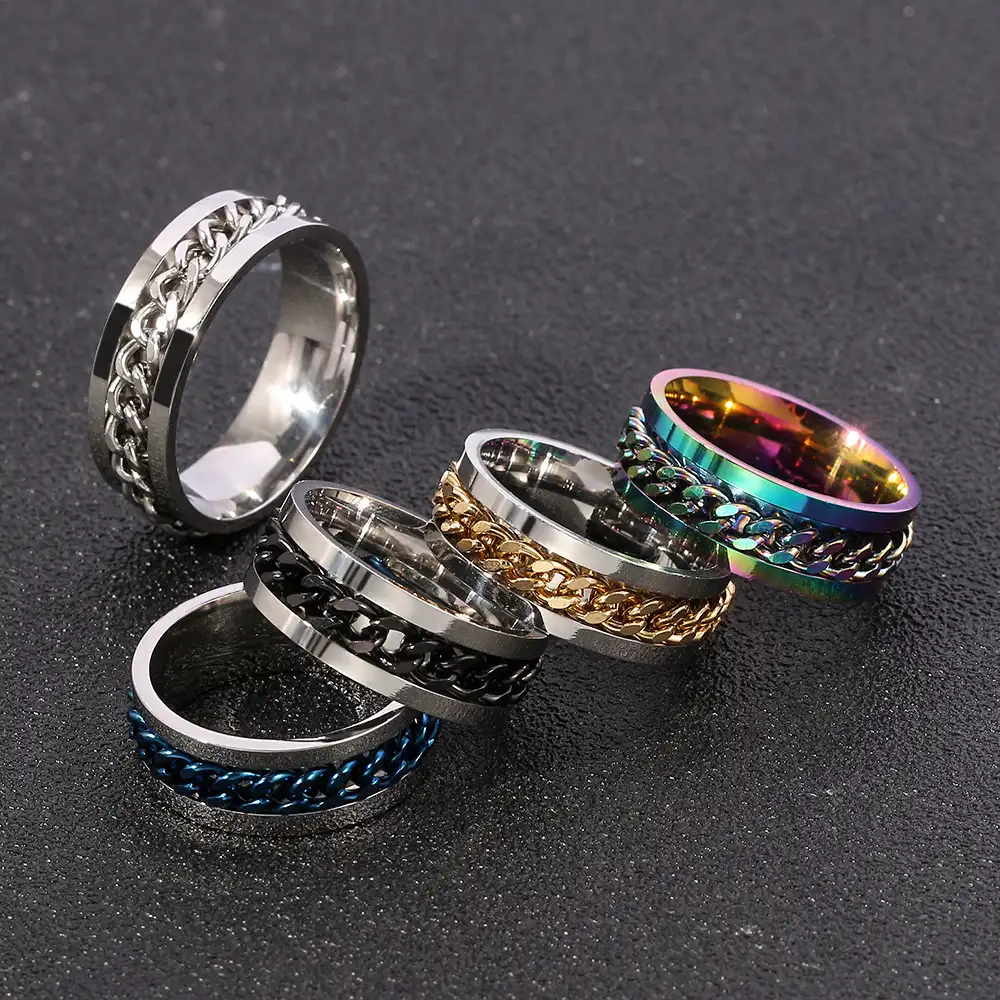แหวนทองตรา18K สำหรับผู้ชาย,แหวนวงแหวนเย็นห่วงโซ่สไตล์คิวบาสำหรับนักขี่จักรยานร่องแหวนเย็นห่วงโซ่ฮิปฮอป