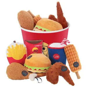 Juguete masticable con forma de dibujos animados para mascotas, juego de alta calidad, pollo, hamburguesa, familia, cubo, perro de peluche