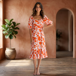 Elegant Floral Midi <b>Dress</b> Puff Sleeves Sweetheart Neck Loose Silhouette <b>Elastic</b> Waist Smocked Breathable 100% Cotton Daily - Product Image 2