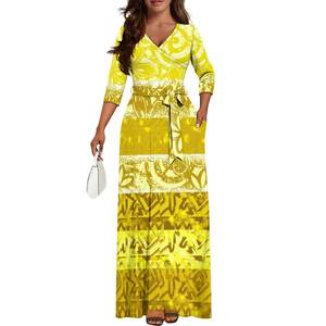 Abito lungo con collo a V con maniche <span class=keywords><strong>3</strong></span>/4 personalizzato in fabbrica stile polinesiano stile polinesiano con stampa tribale abito da donna con tasche - Product Image 4