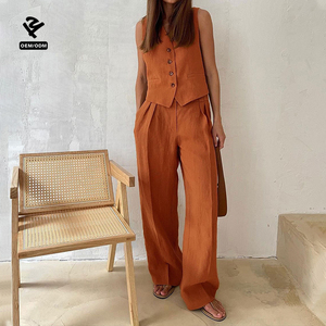 Ensemble blazer pour <span class=keywords><strong>femme</strong></span> F5285, débardeur sans manches à col en V, vêtements décontractés en <span class=keywords><strong>lin</strong></span>, ensemble 2 pièces, veste et <span class=keywords><strong>pantalon</strong></span>, ensemble deux pièces pour <span class=keywords><strong>femme</strong></span> - Product Image 4