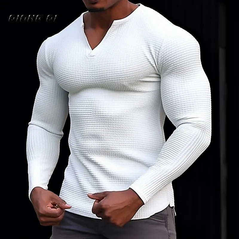 2024 Men's Waffle V-Neck T-Shirt Top Vacation Long Sleeve Casual Fashion Male