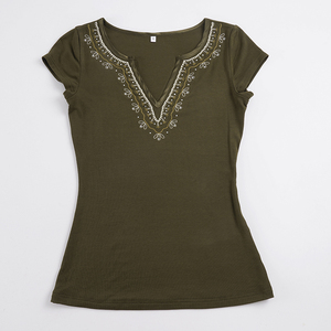Camiseta Corta de Manga Corta con Cuello en V y Bordado Floral Vintage Y2K para Mujer, Top Corto Informal a la Moda, Venta al por Mayor - Product Image 6