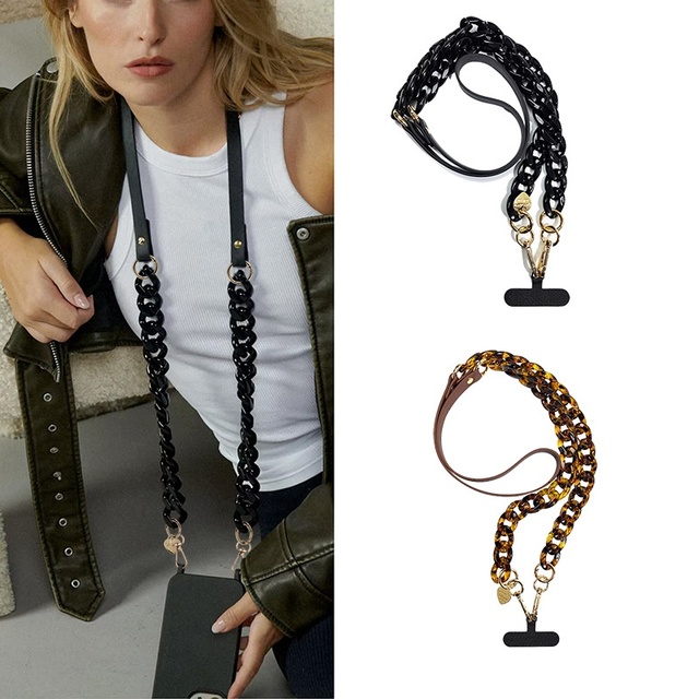 Tortoiseshell Acrylic Phone Lanyard Mixed Leather Crossbody Strap Retro French Leopard Chain With Universal Gasket 120cm