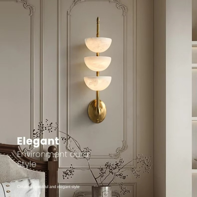 Luxury Lighting IndoorSpanish Alabaster LED Wall Sconce Brass & Natural Marble Hotel Villa Corridor Ambient Lighting
