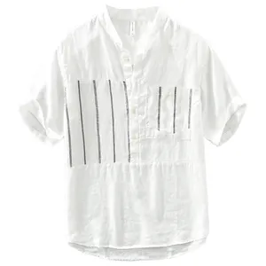OEM service casual slim Mandarin Collar 100% linen short sleeves men shirt