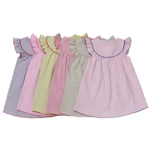 Summer flutter sleeve seersucker stripe kids girl dress clothing cotton baby girl dress wholesale