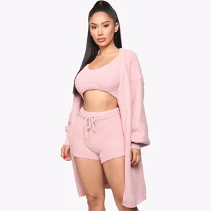 Lente Fuzzy Vrijetijdskleding Dames Pluizige Cropped Sexy Crop Top Shorts 3-delige Set Lange Trui Vest