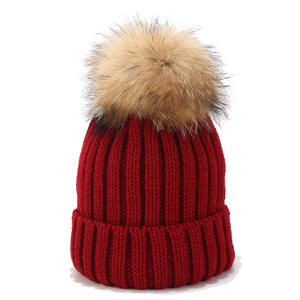 Autumn Winter Outdoor Adult Unisex Fur Warm Knitted Beanie Hats Custom Embroidery Travel Ready - Product Image 1
