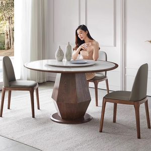 Mesa de comedor redonda de madera maciza, marco de madera de Fresno moderno y sencillo para el hogar, mesa de comedor con placa de roca con acabado brillante - Product Image 4