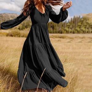 Vestido Largo de Otoño Estilo Retro para <span class=keywords><strong>Mujer</strong></span>, Talla Grande, Cuello en V, con Empalmes, de Poliéster, Crepé de Seda Helada, Venta Directa de Fábrica - Product Image 4