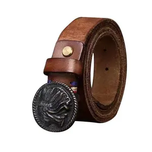 Vintage Tribal Chief Solid Brass Buckle Washed Cowhide Full Grain Leather Western Leather Belts for Men