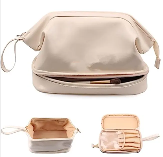 איפור BagDouble שכבה נייד נסיעות עור מרווח מוצרי טואלטיקה קוסמטי תיק לנשים ובנות