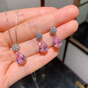 Dainty Eco-friendly Copper Water Drop Shape Pendant and <b>Earrings</b> <b>Set</b> 8*12MM Pink Cubic Zirconia Jewelry <b>Set</b> for Everyday Wear - Product Image 3