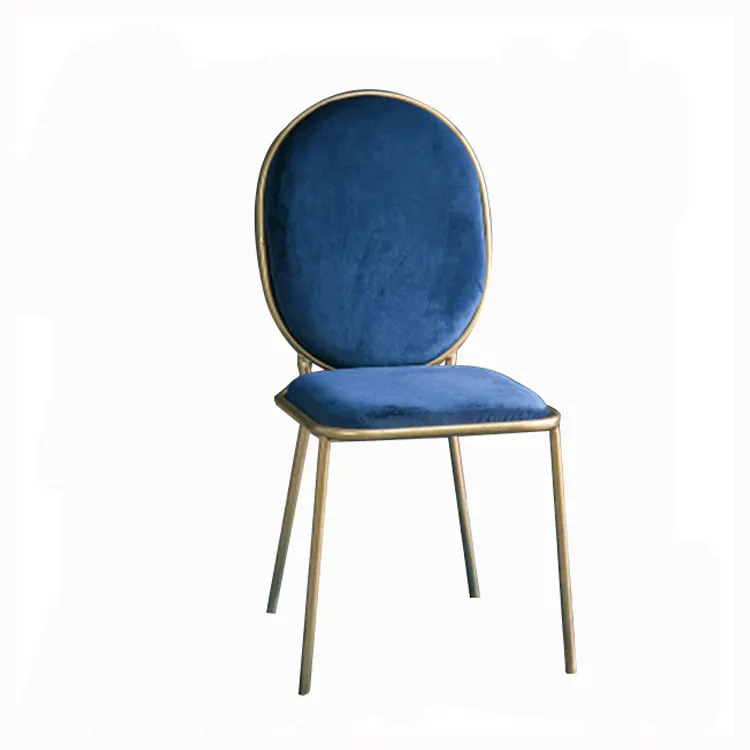 Silla de comedor moderna de terciopelo azul para exteriores, mueble sencillo apilable con marco de aluminio dorado