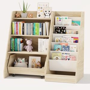 Meubles Montessori en bois, étagère à <span class=keywords><strong>livres</strong></span> <span class=keywords><strong>pour</strong></span> tout-petits avec 5 poches suspendues, étagère à <span class=keywords><strong>livres</strong></span> en bois à 4 niveaux et rangement <span class=keywords><strong>pour</strong></span> jouets avec tiroir amovible - Product Image 1