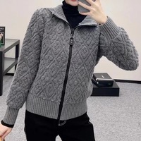 Nouveau cardigan tricoté à capuche et fermeture éclair pour femme, motif losanges, style décontracté, gris, mode coréenne, collection automne-hiver