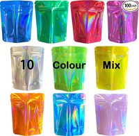 Lot de 100 sacs holographiques Mylar irisés, 10 couleurs assorties, pochettes verticales anti-odeur avec fermeture éclair laser pour petites entreprises