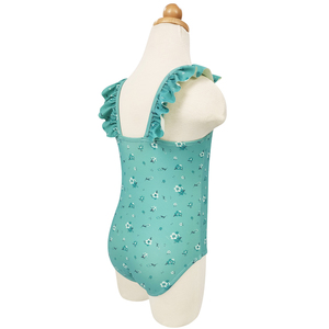 Nova Chegada Meninas One-Piece Swimwear Azul Floral Impressão Babado Ombros Crianças UPF50 + Praia Natação Maiô - Product Image 3