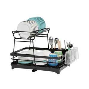 Black 2 Tier Adjustable Steel Expandable Plate Bowl Dish Drainer Drying Rack Holder Stand Shelf Over The Sink