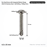 Pan Head Screw with Integrated Washer Flange 304/316 Stainless Steel Self Drilling 4.2 x 25 mm Phillips Drive Wholesale