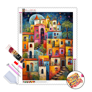 Kit Pittura Diamante 5D Paesaggio con Effetto Polvere di Fata, su Tela Vellutata Premium, Motivo Case Colorate, per Adulti - Product Image 1