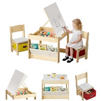 Table en bois pour enfants avec 2 chaises, plateau réglable, charnières de sécurité, tiroirs de rangement et étagère pour salle de jeux/berceau