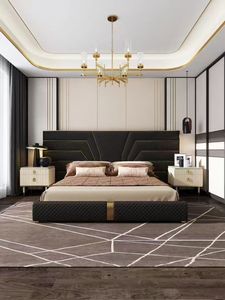 Lit mural king size en cuir de style européen, moderne et luxueux, durable, personnalisable, ensemble de meubles de chambre à coucher – Grande Vente - Product Image 3