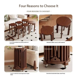 Ensemble de tabourets empilables en <span class=keywords><strong>bois</strong></span> massif, 6 pièces, avec étagère de rangement à roulettes, table d'appoint pour <span class=keywords><strong>salon</strong></span>, salle à manger, petit espace - Product Image 3