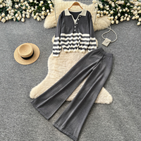 Ensemble deux pièces décontracté pour femme en tricot rayé, haut à col polo et manches longues, pantalon large, tenue de loungewear pour l'automne et les trajets quotidiens