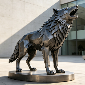 Escultura de Lobo Geométrica Facetada de Acero Inoxidable, Gran Adorno Metálico de Lobo a Guincho, un Monumento para Plazas Urbanas - Product Image 4