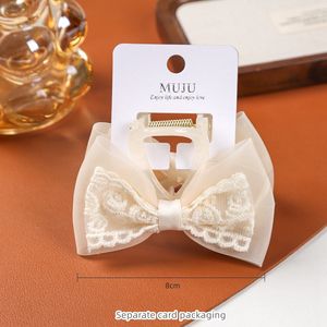 9 सेमी काले और बेज कपड़े के बाल धनुष कार्ड फीता तितली बालों की क्लिप सुरुचिपूर्ण बाल उपकरण - Product Image 4