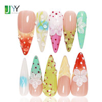 Ongles en gel acrylique tropicaux sur mesure avec logo, couleur douce, fleurs 3D, pointe d'ongle stiletto, art des ongles, vente en gros pour revendeurs