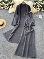 Ensemble 2 pièces en tricot pour femme, pour le printemps et l'automne, robe midi à bretelles asymétriques cintrée à la taille, cardigan long ouvert devant, tenue élégante