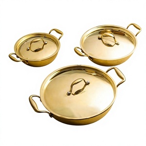<b>Set</b> Of 3 Pure Brass Kadahi Cookware <b>Set</b> With Lid Traditional Style Stovetop <b>Pot</b> For Gas And Induction Kadahi - Product Image 1