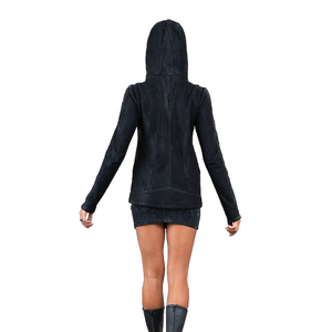 Femmes rétro Vintage décontracté solide à capuche veste <span class=keywords><strong>noir</strong></span> ciré fermeture éclair Long manteau d'hiver automne automne délavé à l'acide - Product Image 5