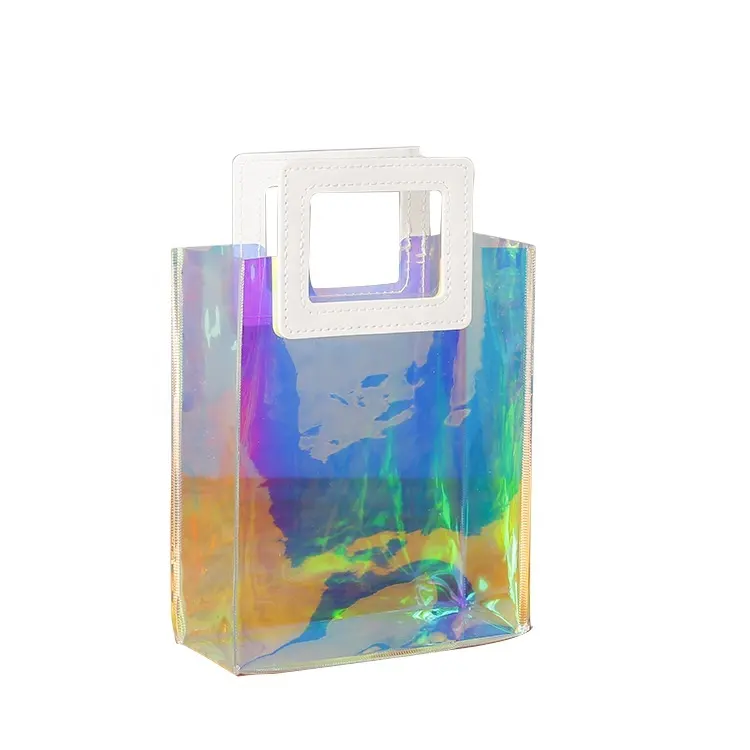 High Quality Waterproof Transparent Promotion Handbag Custom Laser Clear Pvc Gift Package Tote Bag