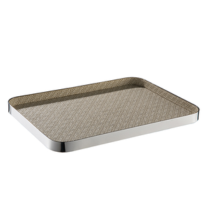 Plateau de service en métal pour hôtel plateau de rangement personnalisé en <span class=keywords><strong>acier</strong></span> inoxydable 304 argenté de luxe léger plateau de service pour hôtel en cuir <span class=keywords><strong>gris</strong></span> haut de gamme - Product Image 1