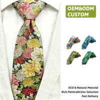 Cravate en coton à motif floral de chrysanthème vert et pivoine, logo personnalisé, fabricant de cravates pour hommes