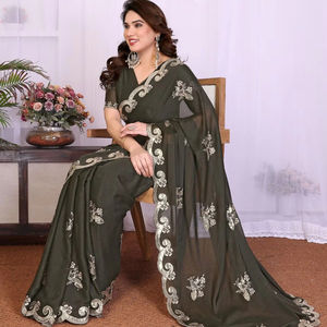 Tissus de sari traditionnels de haute qualité, coton lourd à motifs floraux, broderie de sequins, chemisier assorti - Product Image 1