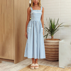 OEM Women's Summer New Fashion Custom Casual European <strong>and</strong> American Style Elegant <strong>Blue</strong> <strong>White</strong> <strong>Red</strong> Checkered Midi Woven <strong>Dress</strong> - Product Image 5