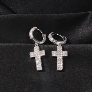 New Double Row Full Diamond Hip Hop Ohrringe micropavimentato Zirconia Cross Fashion Jewelry orecchini da uomo
