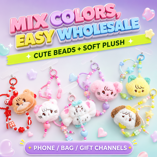 Kawaii Animal Phone Strap with Star Heart Shape Beads Factory Professional Design OEM Plush Cat Charm for Backpack and Keys