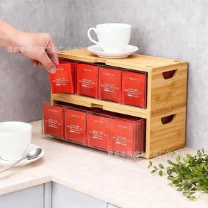 Wooden Tea Bag <b>Storage</b> <b>Box</b> Rectangular Transparent Acrylic Covered Standing Type For Kitchen Use - Product Image 1