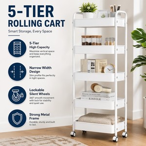 5-Tier Narrow Rolling <strong>Storage</strong> Cart Slim Mobile Metal Utility Shelving <strong>Unit</strong> Organizer for <strong>Kitchen</strong> Bathroom Laundry Bedroom - Product Image 3