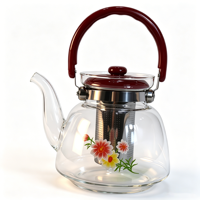Théière en verre borosilicate à imprimé floral, poignée rouge, grande capacité, avec infuseur amovible, cadeau idéal pour la famille et les amis