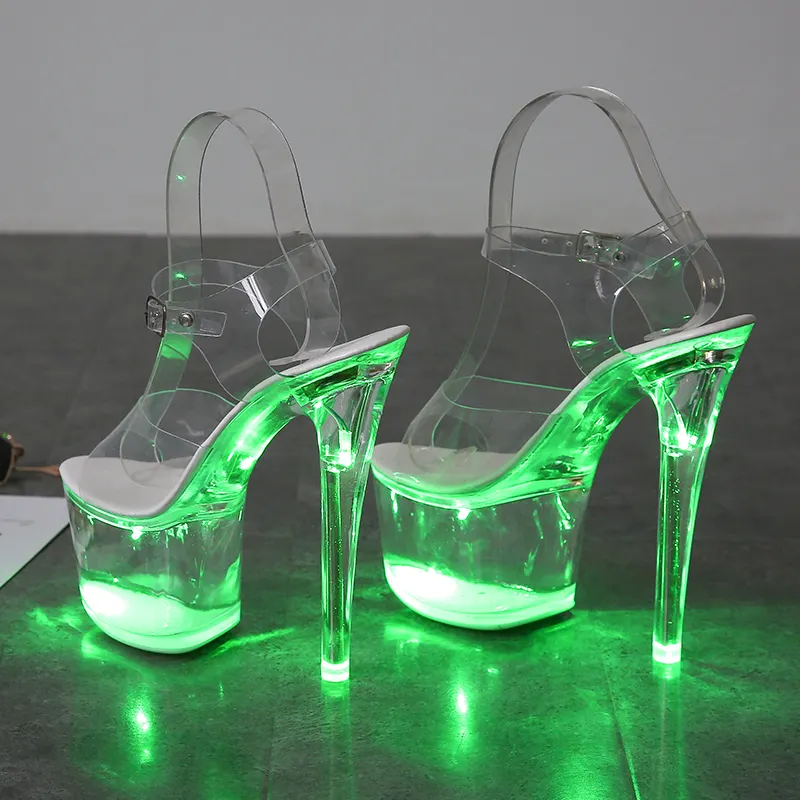Sandálias femininas, sandálias para mulheres, tamanho grande, sapatos de cristal 17 cm, salto alto fino, listrado, sensual, sapatos com luz de led
