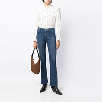 Jeans pour femme ODM/OEM en denim respirant, taille haute, bleu foncé, délavé classique, coupe skinny, sexy, à rivets, d'été, évasé, effet push-up