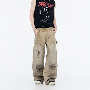 Jeans para <span class=keywords><strong>Hombre</strong></span> de Marcas de Moda con Acabados Desgastados y Diseños con Efecto de Tinta Pintada, Estilo Cabaña, Pantalones Rectos de Pierna Ancha - Product Image 4