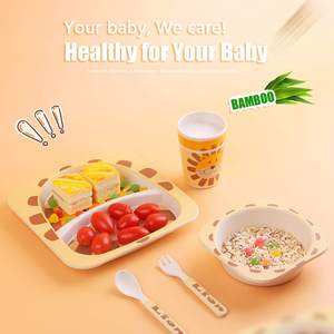 Ensemble de vaisselle pour enfants fibre de bambou naturelle ensemble de 5 pièces avec plaque bol tasse cuillère fourchette sans BPA lavable au lave-vaisselle dessin animé Design <span class=keywords><strong>Lion</strong></span> - Product Image 4